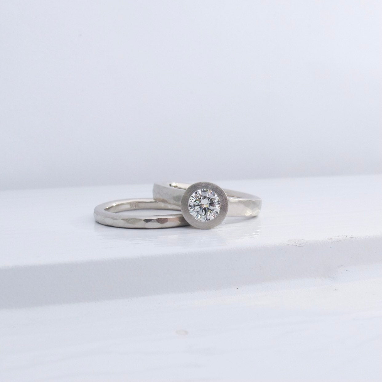 Rustic engagement ring and wedding band, diamond ring with matching stacking band