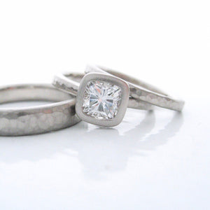 Hammered Diamond Engagement Ring and Wedding Band Set, Bezel Set Cushion Cut Diamond Engagement Ring