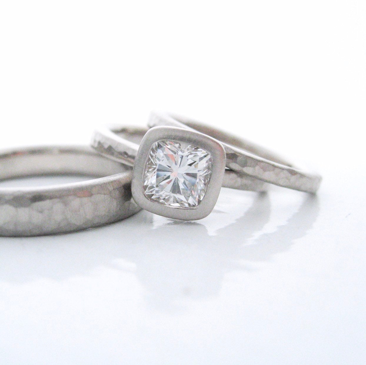 Hammered diamond engagement ring, bezel set cushion cut diamond engagement ring