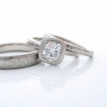 Hammered diamond engagement ring, bezel set cushion cut diamond engagement ring