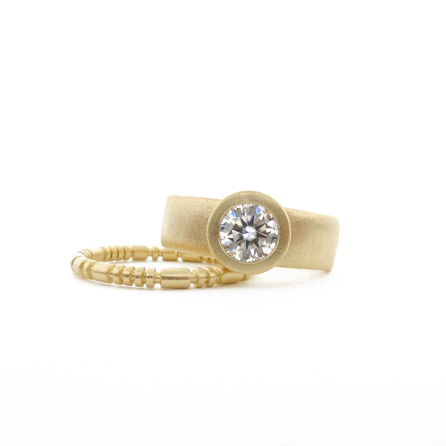 Wide band gold engagement ring semi-mount with slim wedding band
