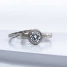Load image into Gallery viewer, Bezel set solitaire engagement ring semi-mount with narrow hammered wedding band