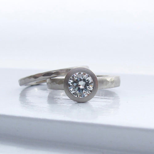 Bezel set solitaire engagement ring semi-mount with narrow hammered wedding band