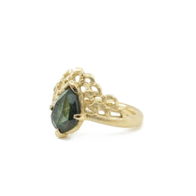 Load image into Gallery viewer, Rose cut sapphire ring, gold lace ring with pear cut blue green sapphire, modern shield ring