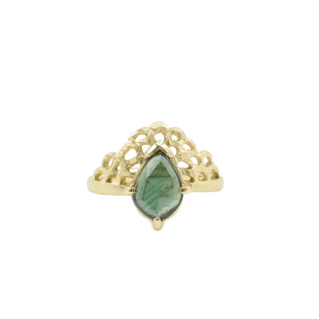 Rose cut sapphire ring, gold lace ring with pear cut blue green sapphire, modern shield ring