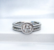 Load image into Gallery viewer, Platinum and Diamond bezel set engagement ring, Pacific Ring engagement and band set