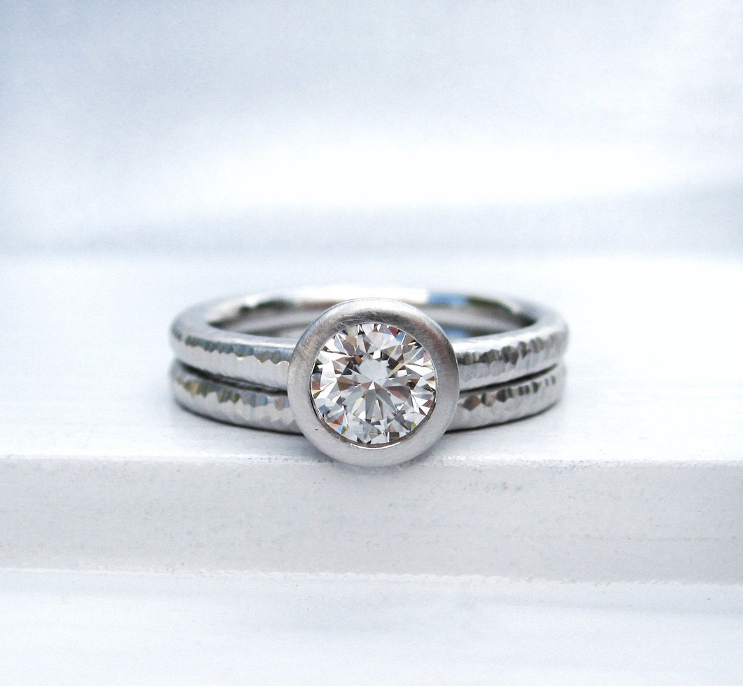 Platinum and Diamond bezel set engagement ring, Pacific Ring engagement and band set