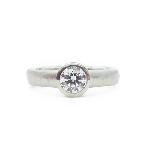 Bezel Set .50ct Diamond Engagement Ring With Hammered Texture, All Weather Low Profile Engagement Ring