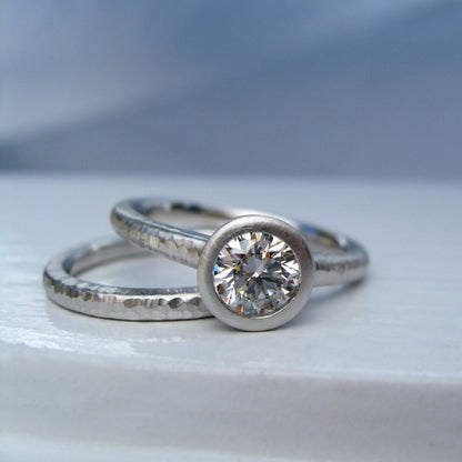 Platinum and Diamond bezel set engagement ring, Pacific Ring engagement and band set